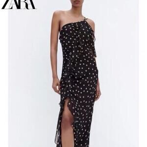 Zara Black Polka Dot One-Shoulder Dress - Size M